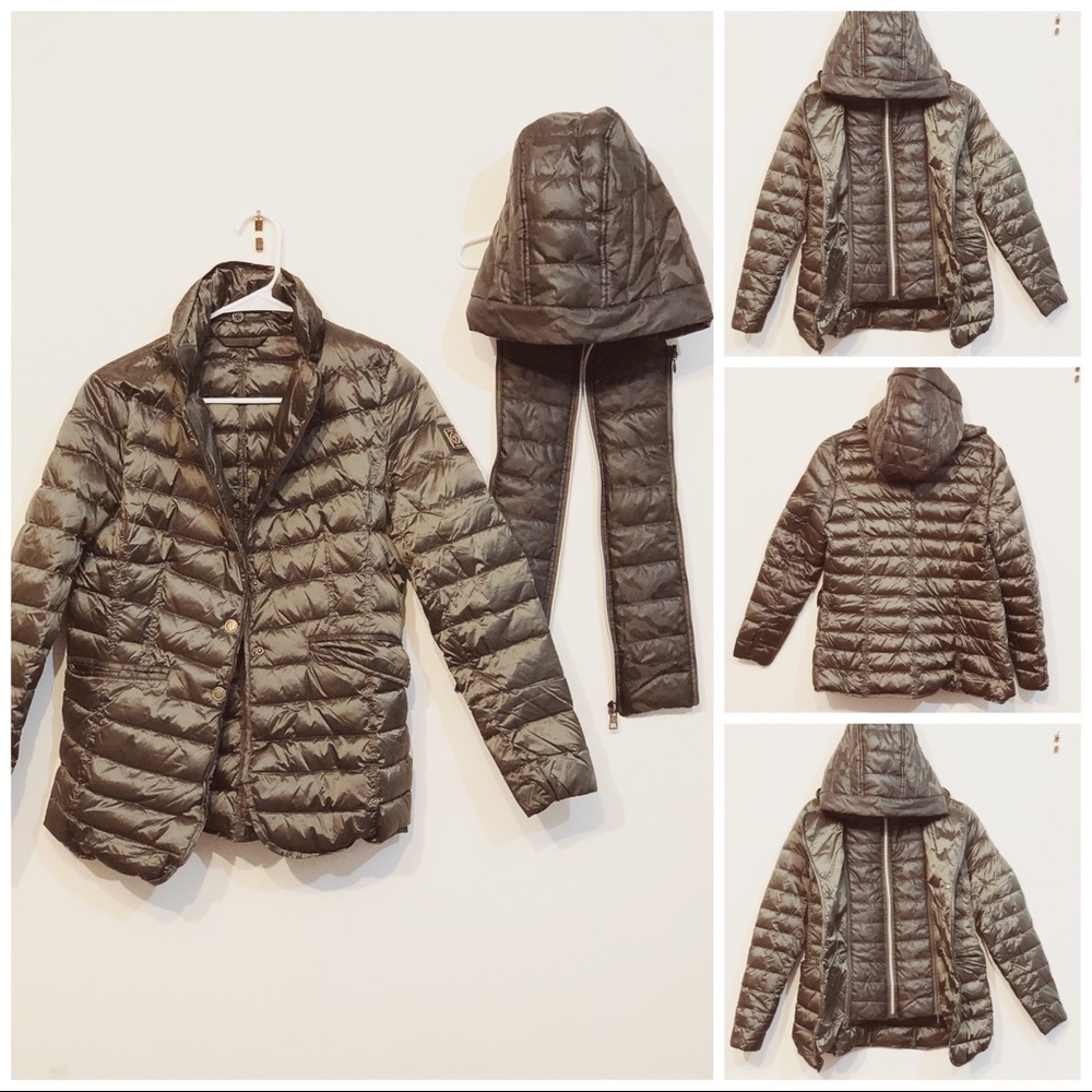 Green puffer jacket with detachable camo hood